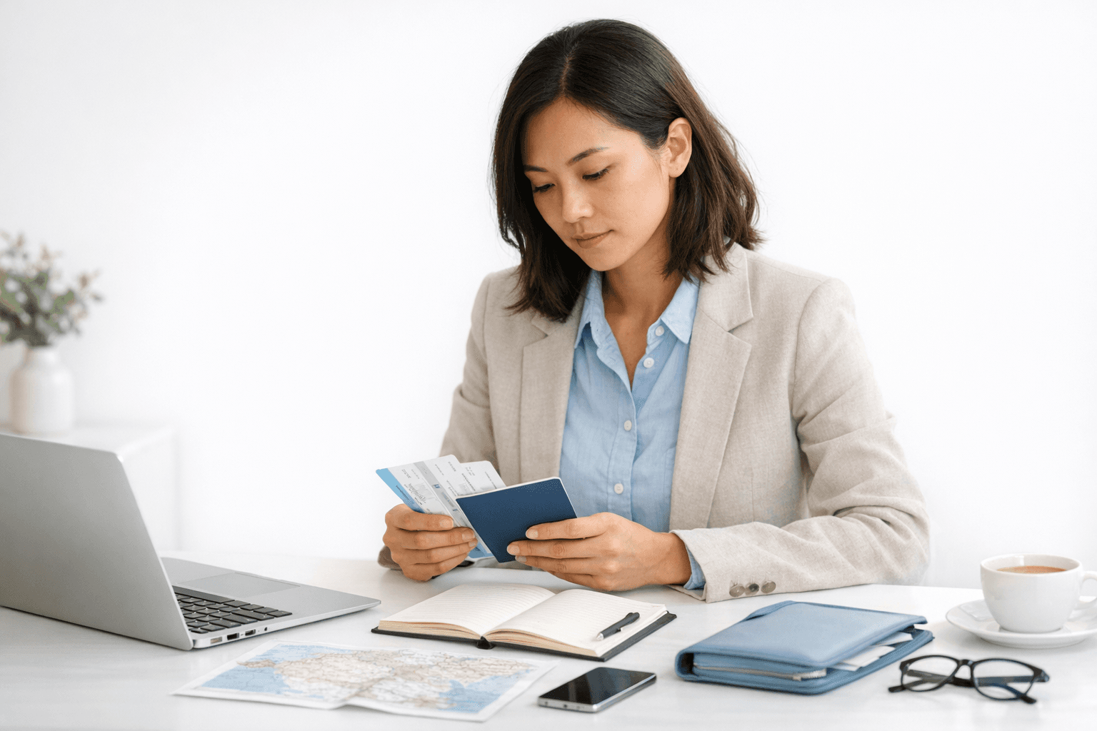 Calm event preparation setting with notebooks and materials.