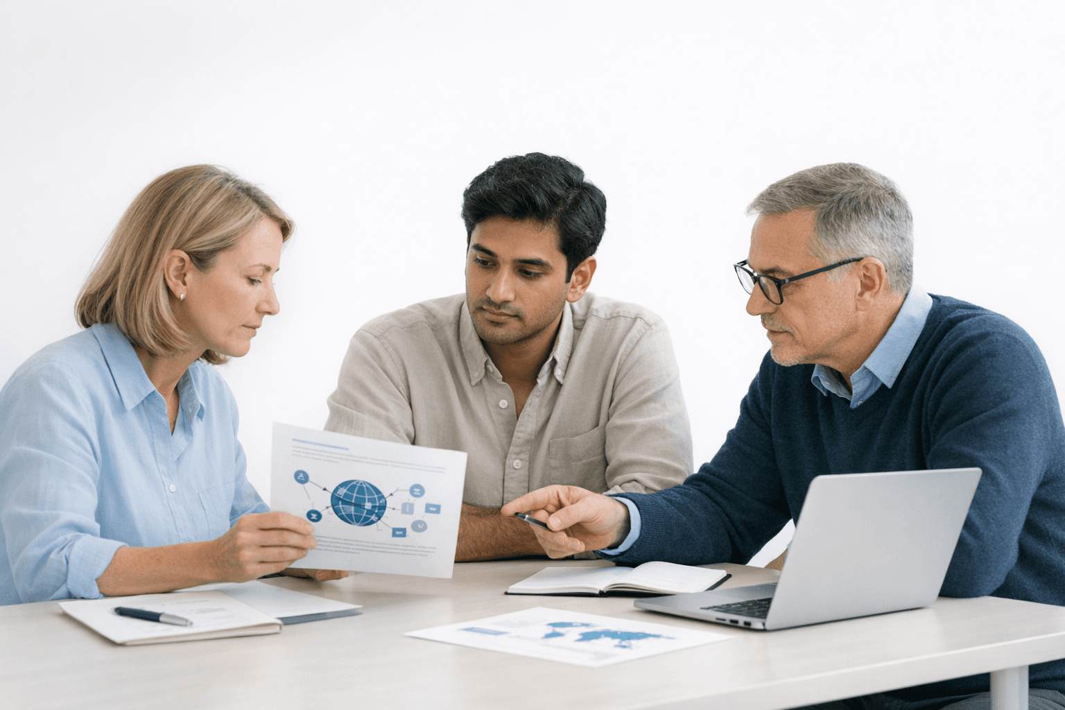 Clean administrative workspace with policy documents and laptop.
